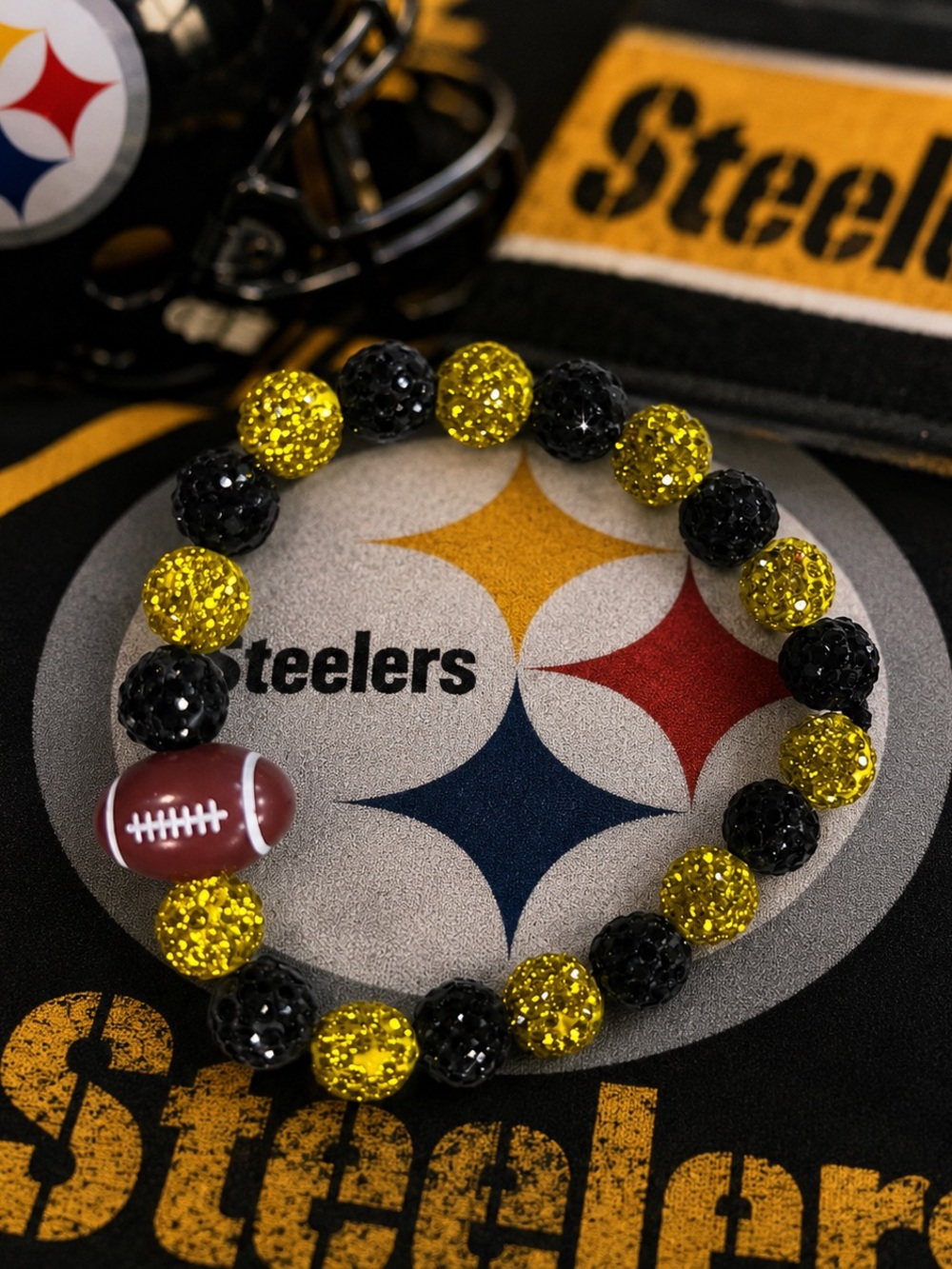 Steelers Rhinestone Black & Gold Football Bracelet
